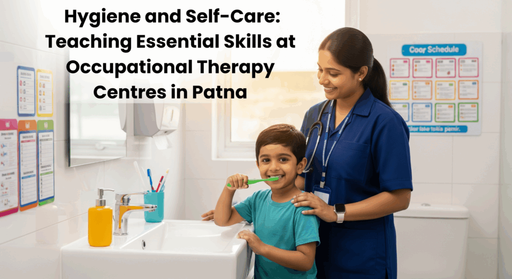 Child brushing teeth with occupational therapist in a therapy center in Patna, learning hygiene and self-care skills