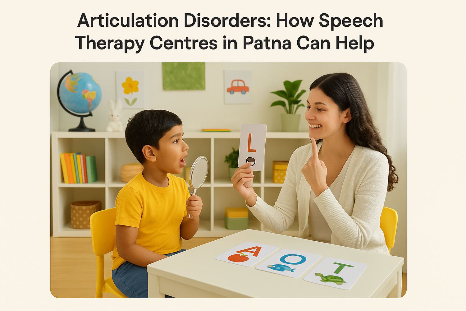 A speech therapist helping a young boy practice letter sounds using flashcards and a mirror during a speech therapy session in a child-friendly therapy room.
