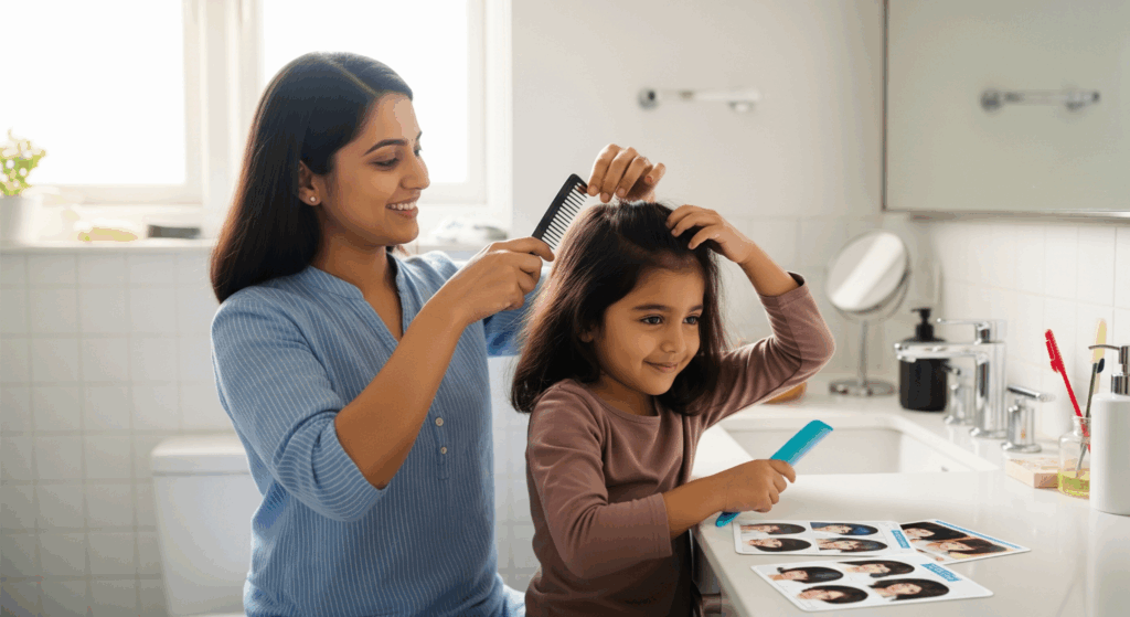 Girl pointing at a hygiene schedule chart on the wall in an autism therapy center