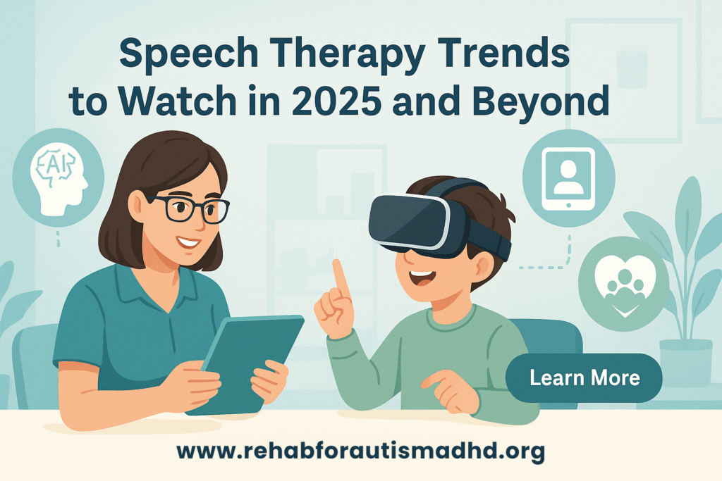 Illustration of a speech therapist with a tablet and a child using virtual reality headset during a speech therapy session, representing future trends in speech therapy.