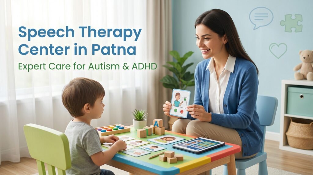 Speech therapy center in Patna - Professional therapist working with child with autism using communication cards and educational tools