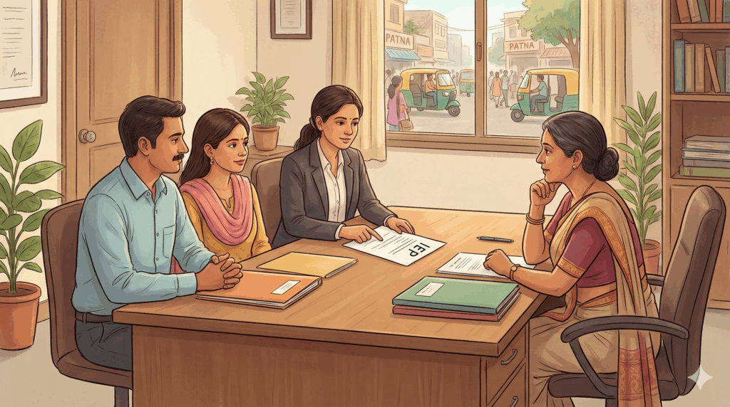 A professional therapist from Rehab for Autism and ADHD helping parents present a detailed Individualized Education Program (IEP) to a school principal to secure admission for a child with special needs in Patna.