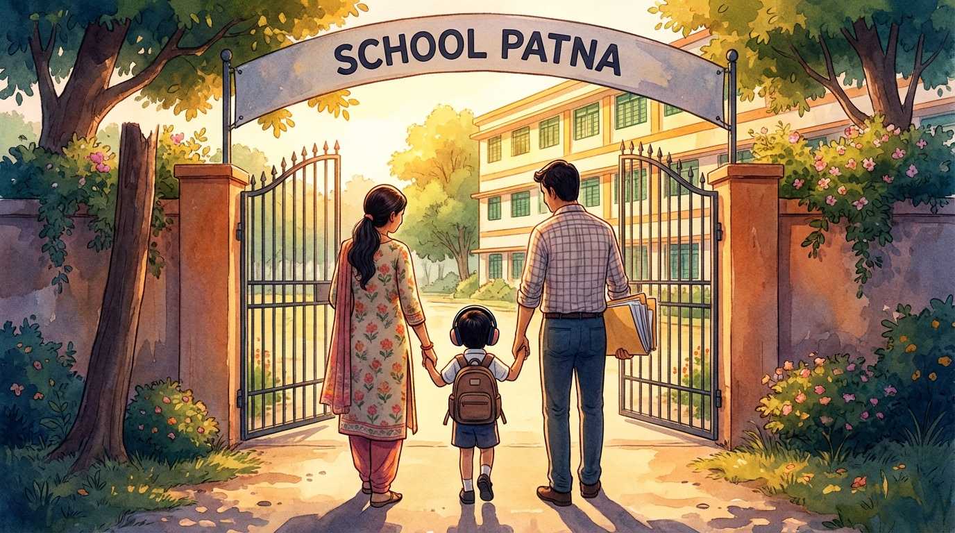 A mother and father walking their young neurodivergent child across a metaphorical bridge toward a welcoming Patna school gate, representing the journey from diagnosis to inclusive education at our Autism Center in Patna.