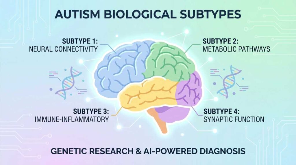Infographic showing a human brain divided into four colorful sections representing the four biological subtypes of autism, surrounded by DNA and AI-powered diagnosis graphics.