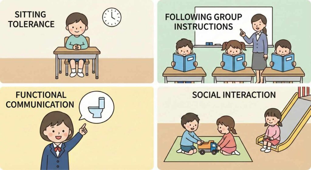 Infographic showing the 4 Pillars of School Readiness for children with autism: Sitting Tolerance, Following Group Instructions, Functional Communication, and Social Interaction.