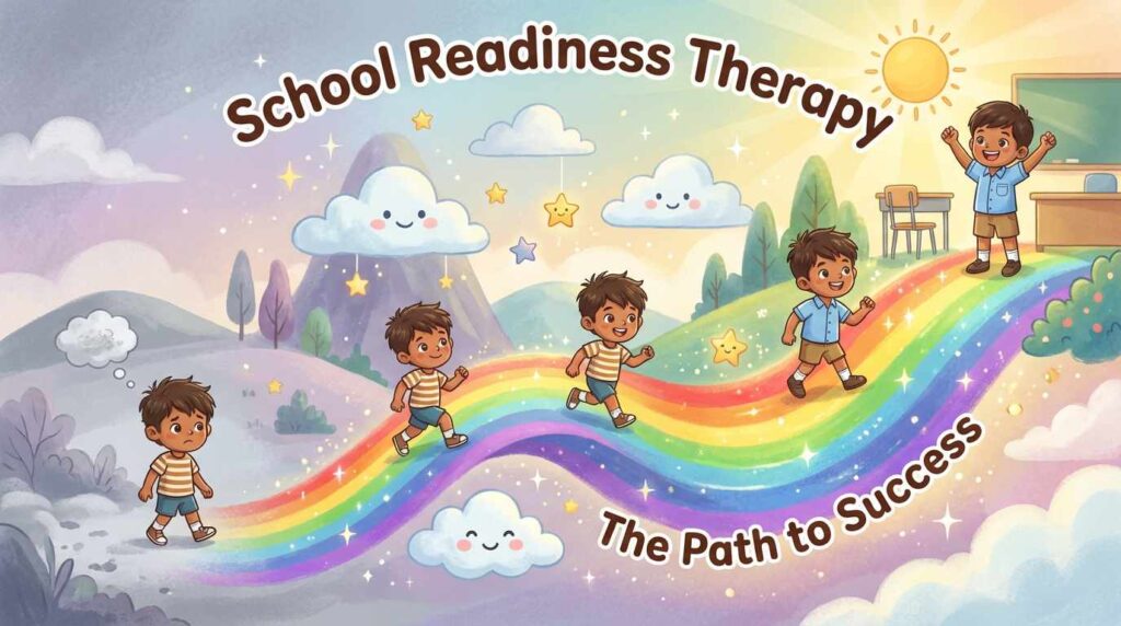 Split-screen illustration showing a child with autism before and after School Readiness Therapy. Left side shows a sad boy labeled 'Struggling in Class'. Right side shows the same boy happy and participating labeled 'Ready for School Success', connected by a bridge.