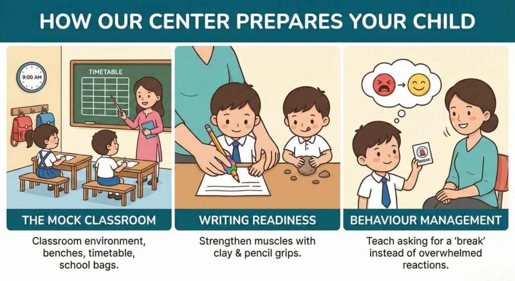 Infographic showing how the Autism centre in Patna prepares children for school: The Mock Classroom environment, Writing Readiness using pencil grips and clay, and Behaviour Management teaching children to ask for a break.