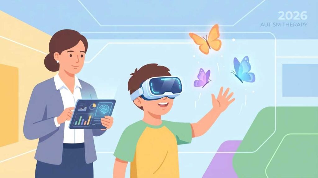 Vector illustration of a joyful child swinging in a sensory therapy hammock while a therapist observes, showcasing sensory integration facilities for autism in Patna.