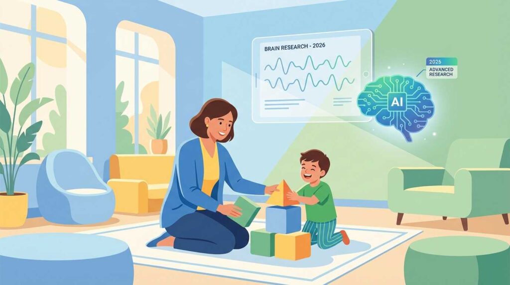 Vector illustration of a therapist and a child playing with blocks alongside a futuristic AI brain hologram, representing 2026 autism research advancements in Patna.