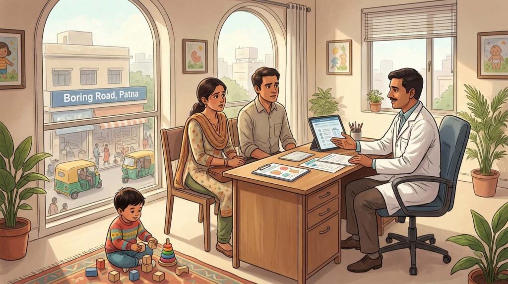 Autism diagnosis action plan infographic for families in Patna - step-by-step guide from consultation to treatment