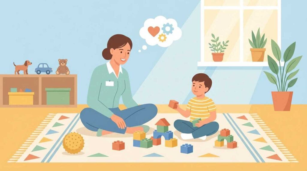 Vector illustration of a therapist and a young boy sitting on a rug playing with building blocks, demonstrating the 1-on-1 individualized autism therapy provided in Patna.