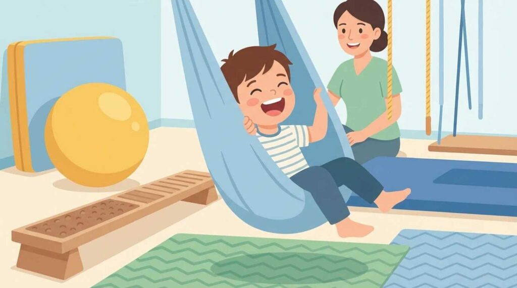 Vector illustration of a joyful child swinging in a sensory therapy hammock while a therapist observes, showcasing sensory integration facilities for autism in Patna.