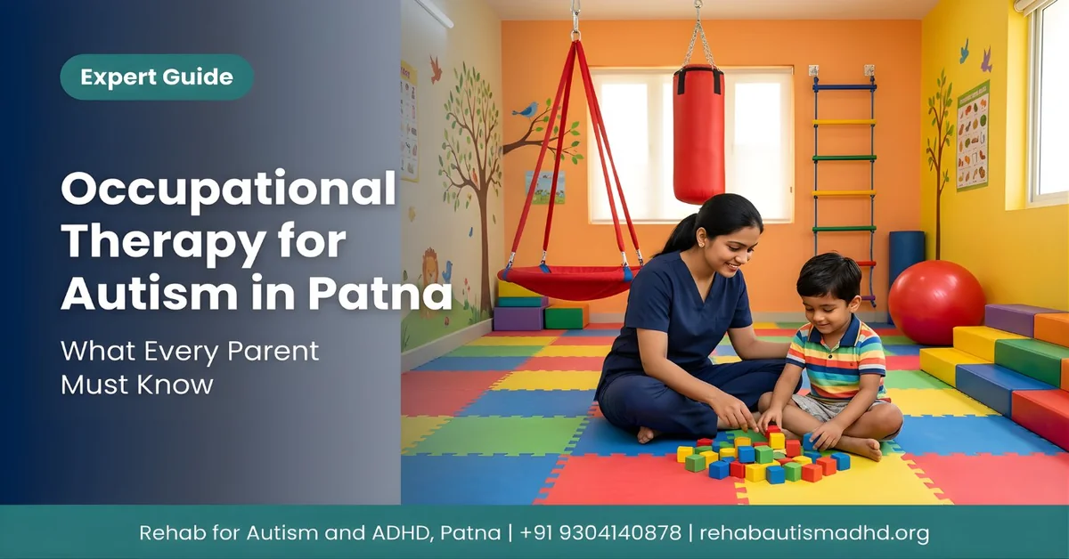 occupational therapist working with an autistic child in a sensory therapy room at Rehab for Autism and ADHD, Patna