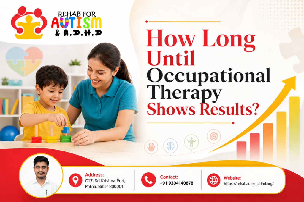 Promotional graphic for Rehab for Autism & A.D.H.D featuring the title “How Long Until Occupational Therapy Shows Results?”, a therapist helping a child with a stacking toy, the clinic logo at top left, and footer details with address in Sri Krishna Puri, Patna, phone number +91 9304140878, website rehabautismadhd.org, and a small portrait of a male doctor.