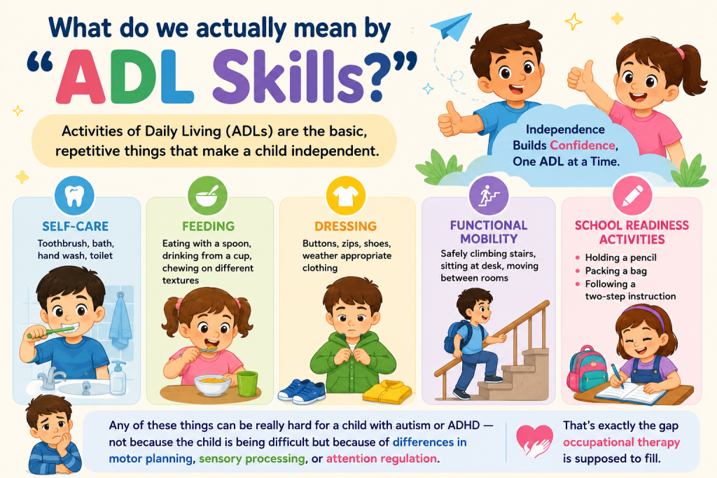 A colorful educational infographic from Rehab for Autism & ADHD, Patna, Bihar, explaining Activities of Daily Living (ADL) Skills for children with autism and ADHD. The poster features cartoon children demonstrating essential daily living skills, including self-care (toothbrushing, bathing, handwashing, and toileting), feeding, dressing, functional mobility, and school readiness activities such as holding a pencil, packing a school bag, and following two-step instructions. The infographic highlights how occupational therapy helps children develop independence by addressing challenges related to motor planning, sensory processing, and attention regulation.
