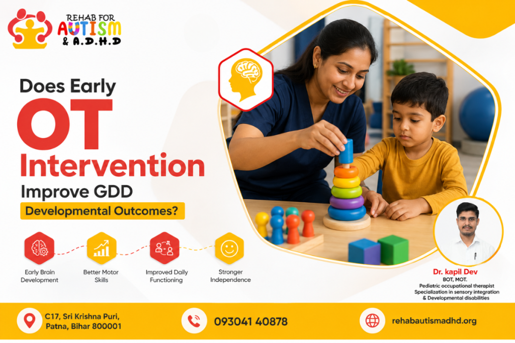 A female pediatric occupational therapist helping a young boy stack colorful rings on a wooden toy at Rehab For Autism & A.D.H.D clinic in Patna. The image features text about early OT intervention for Global Developmental Delay (GDD) and contact details for Dr. Kapil Dev.