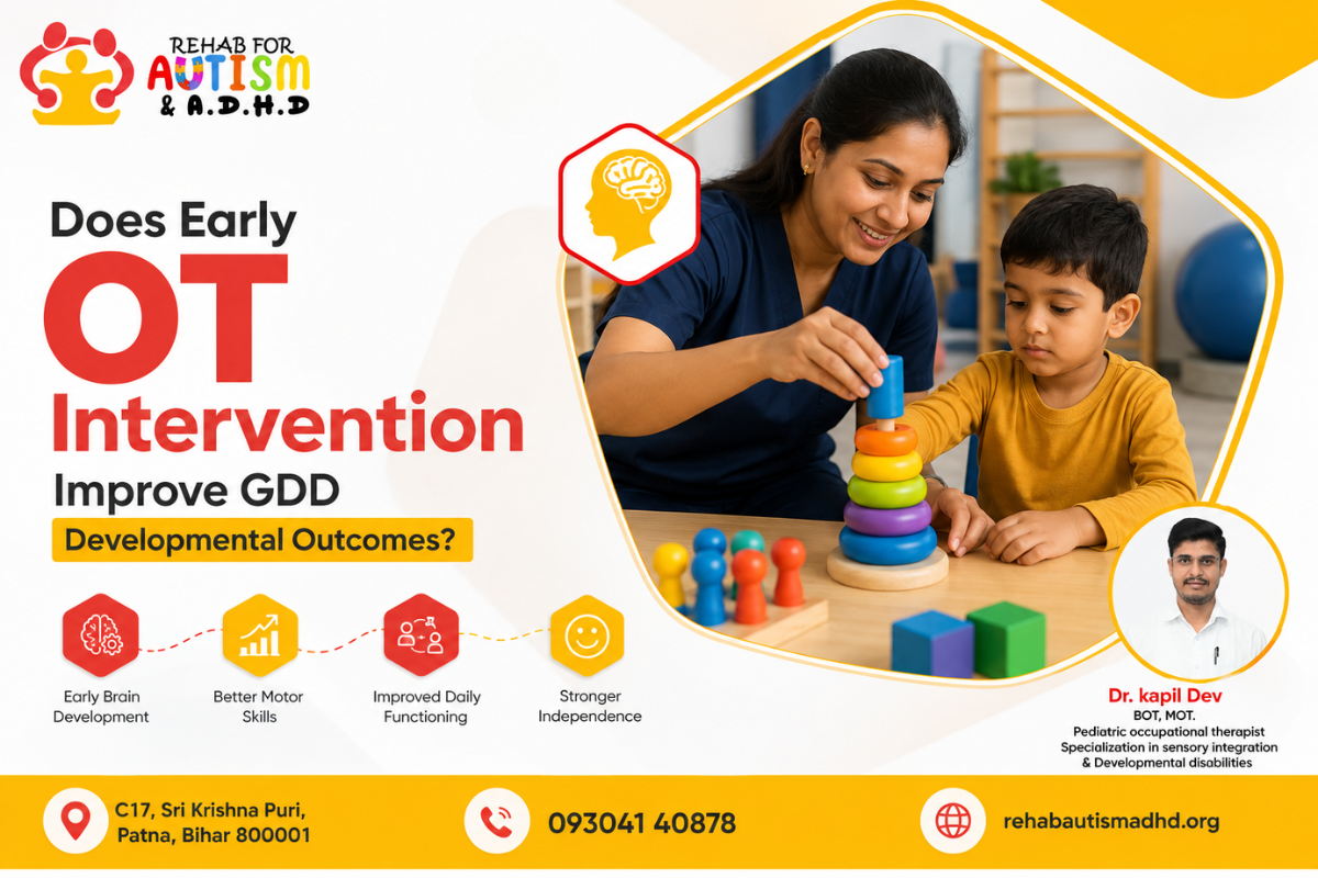 A female pediatric occupational therapist helping a young boy stack colorful rings on a wooden toy at Rehab For Autism & A.D.H.D clinic in Patna. The image features text about early OT intervention for Global Developmental Delay (GDD) and contact details for Dr. Kapil Dev.