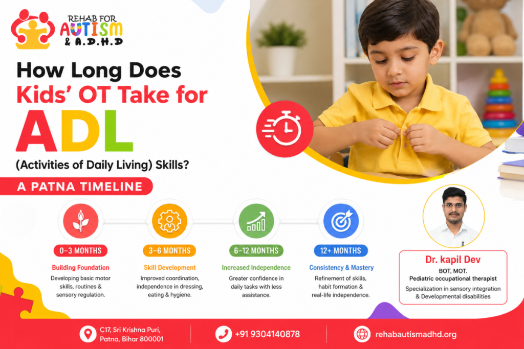 How Long Does Kids' OT Take for ADL (Activities of Daily Living) Skills? A Patna Timeline infographic by Rehab for Autism & ADHD featuring an occupational therapy progress timeline, child practicing self-care skills, Dr. Kapil Dev, and clinic contact details in Patna.
