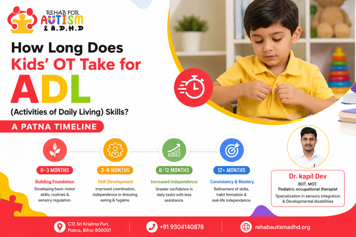 How Long Does Kids' OT Take for ADL (Activities of Daily Living) Skills? A Patna Timeline infographic by Rehab for Autism & ADHD featuring an occupational therapy progress timeline, child practicing self-care skills, Dr. Kapil Dev, and clinic contact details in Patna.