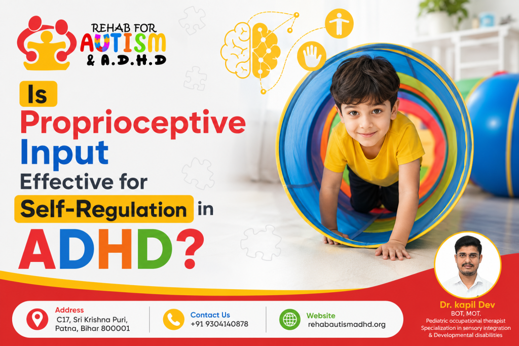 A young boy in a yellow shirt smiling while crawling through a colorful sensory play tunnel. The graphic text asks "Is Proprioceptive Input Effective for Self-Regulation in ADHD?" and features the "Rehab for Autism & ADHD" logo alongside a profile of pediatric occupational therapist Dr. Kapil Dev in Patna.