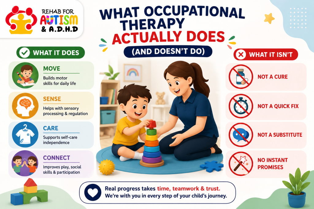 An educational chart by Rehab for Autism & ADHD in patna, bihar detailing how child occupational therapy builds motor skills, sensory integration, independence, and social play.