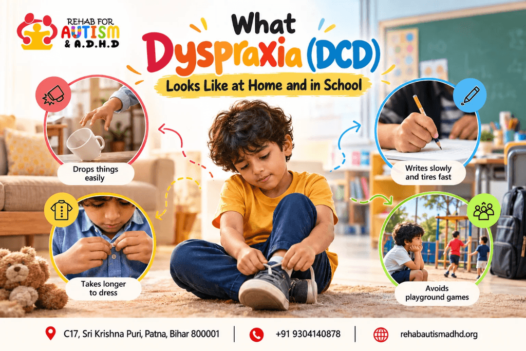 What dyspraxia (DCD) looks like at home and school, showing common coordination challenges in children such as difficulty dressing, writing, dropping objects, and avoiding playground activities.