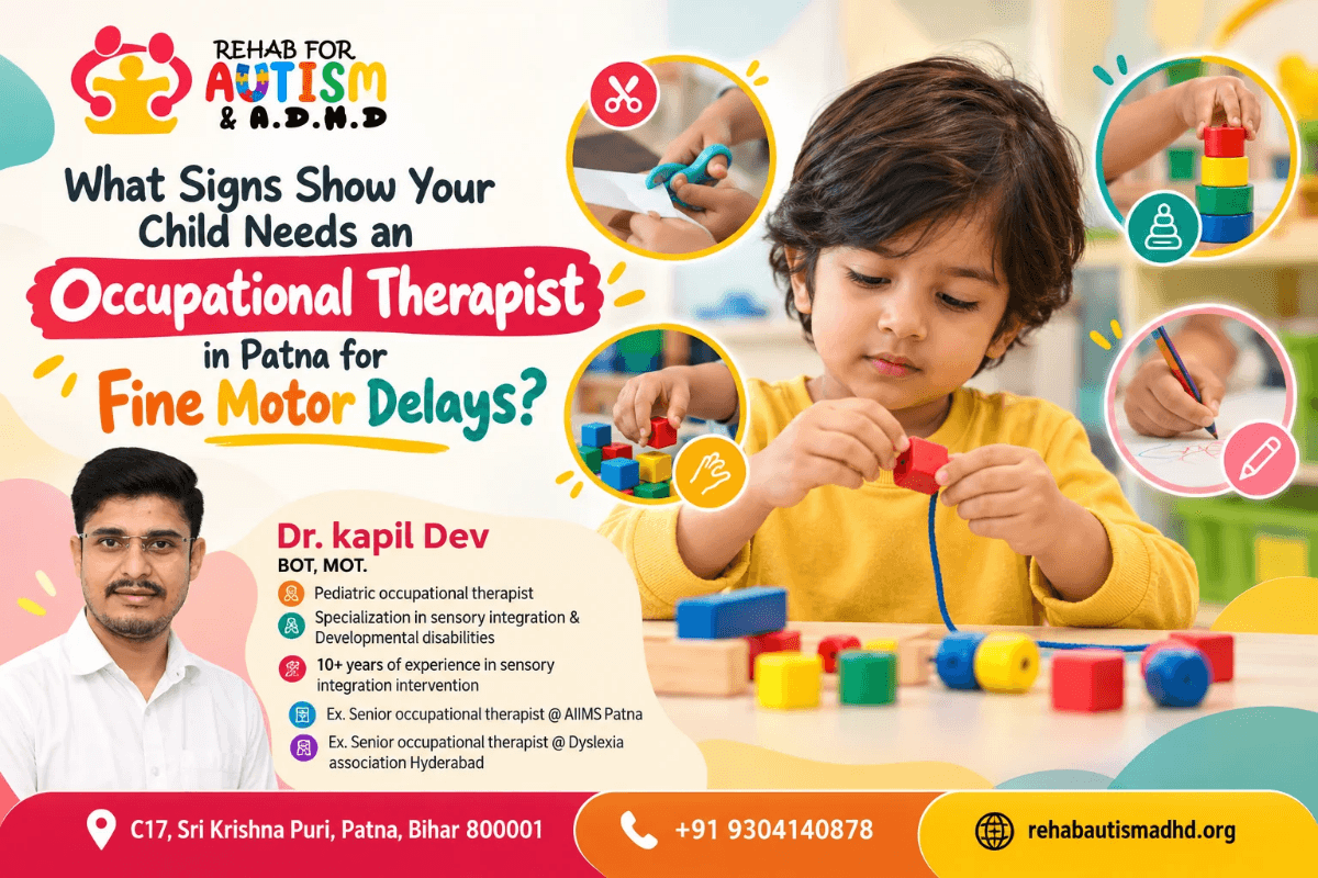 A promotional poster from Rehab for Autism & A.D.H.D with the heading "What Signs Show Your Child Needs an Occupational Therapist in Patna for Fine Motor Delays?". The central image shows a young boy concentrating while threading beads on a string. Four circular inset images show children struggling with fine motor tasks: using scissors, stacking colorful blocks, and writing with a pencil. In the bottom left is a portrait of Dr. Kapil Dev, BOT, MOT, Pediatric Occupational Therapist, listing his specializations and experience. The bottom banner displays the clinic address at C17, Sri Krishna Puri, Patna, Bihar 800001, phone number +91 9304140878, and website rehabautismadhd.org.