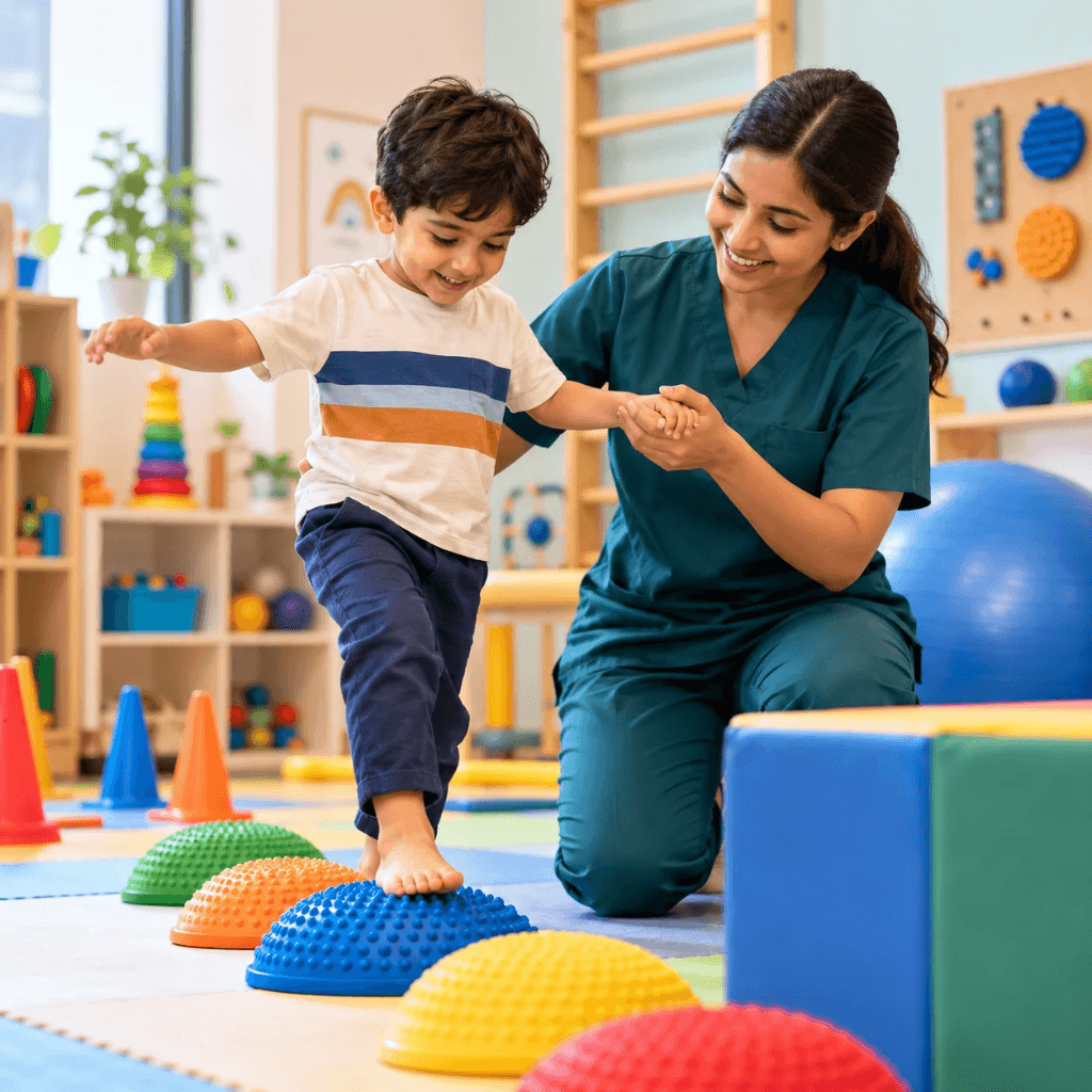 Occupational therapist helping a child with balance and sensory integration activities at Rehab for Autism & ADHD in Patna.