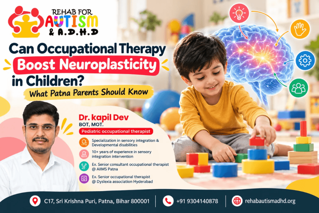 Poster by Rehab for Autism & A.D.H.D asking if occupational therapy can boost neuroplasticity in children, featuring a boy playing with blocks, a glowing brain, and Dr. Kapil Dev.