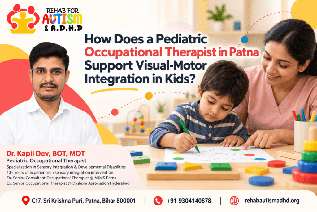 Pediatric occupational therapist in Patna guiding a child through a tracing activity for visual-motor integration, with Dr. Kapil Dev, BOT, MOT, of Rehab For Autism & A.D.H.D