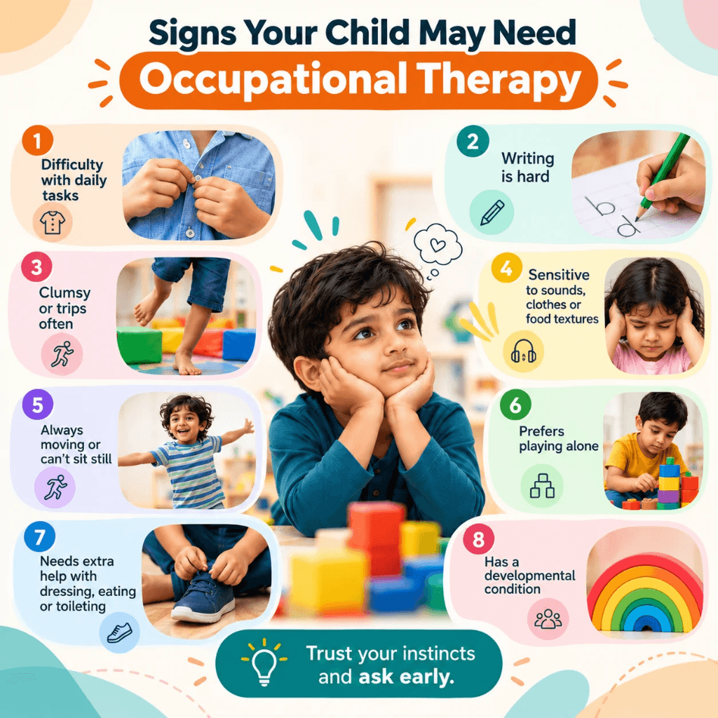 Signs a child may need occupational therapy, including difficulties with daily activities, handwriting, coordination, sensory processing, play and self-care.
